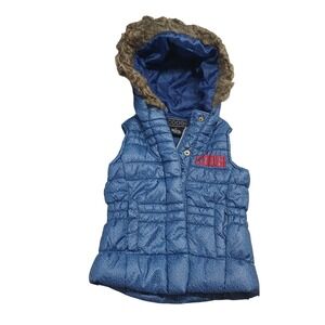 Coogi Toddler Girls Blue Denim Print Puffer Vest Faux‎ Fur Hood 2T Y4CI29RDCG